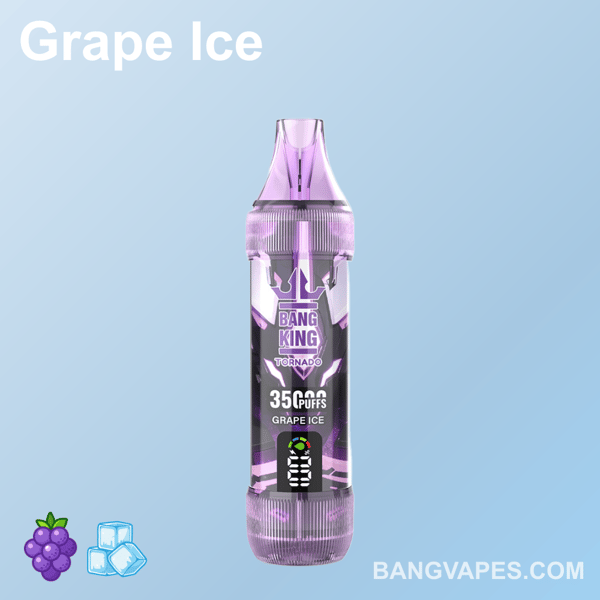 Jednorazowy waporyzator o smaku Grape Ice, z etykietą "Bang King Tornado", zawierający 35 000 zaciągnięć, fioletowy wzór oraz ikony winogron i kostek lodu na jasnoniebieskim tle.