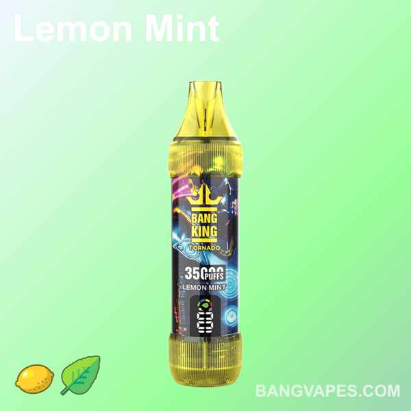 Urządzenie do waporyzacji Lemon Mint Bang King Tornado o pojemności 35 000 zaciągnięć, z żółtym wzorem na zielonym gradientowym tle.