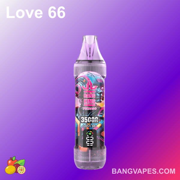 Urządzenie do waporyzacji oznaczone "Bang King Tornado" o smaku "3500 Puffs" i "Love 66", z futurystyczną grafiką na fioletowym gradientowym tle z ikonami owoców na dole.