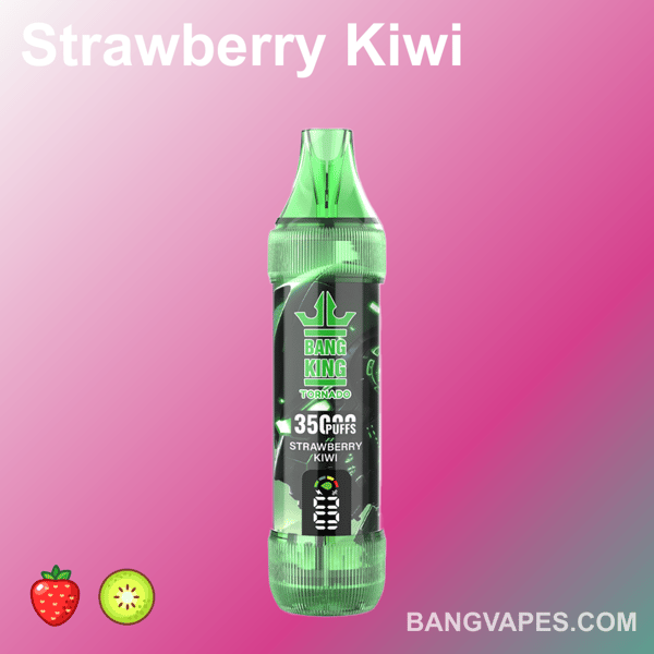 Appareil de vape Strawberry Kiwi, 3 500 bouffées, de marque Bang King Tornado, affiché sur un fond dégradé rose avec des icônes de fraise et de kiwi et " BANGVAPES.COM " en bas.