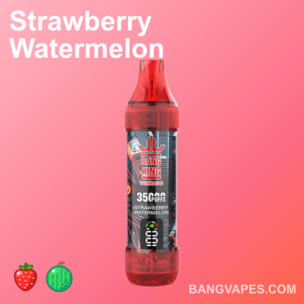 Vape Bang King Tornado o smaku truskawkowego arbuza z 35 000 zaciągnięć, wyświetlany na różowym gradientowym tle z ikonami truskawek i arbuza.