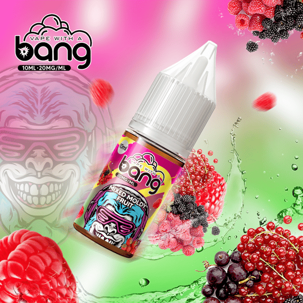 Eine lebendige E-Liquid-Flasche mit der Aufschrift "Bang Mixed Melody Fruit", umgeben von Saftspritzern und einer Auswahl an Beeren, mit einem farbenfrohen Gorilla-Logo im Hintergrund.