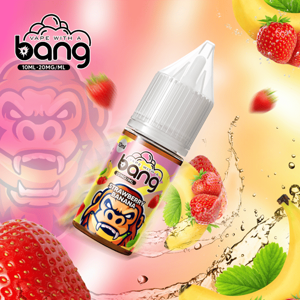 Vape-Saftflasche mit Erdbeer-Bananen-Geschmack und farbenfrohem Design mit einem Cartoon-Gorilla und Früchten im Hintergrund, mit der Aufschrift "Vape with a Bang, 10 ml, 20 mg/ml"."