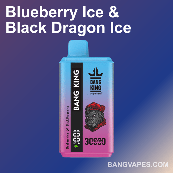 Une image promotionnelle présentant un appareil de vape Bang King avec un design dégradé bleu à rose, avec des saveurs de glace à la myrtille et de glace de dragon noir, et un logo d'un chien portant une casquette sur une étiquette noire au centre.
