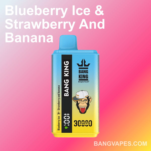Un appareil de cigarette électronique coloré appelé ' Bang King ' comportant le dessin d'un singe portant un chapeau, avec les saveurs ' Blueberry Ice ' et ' Strawberry and Banana ' répertoriées, affiché sur un fond rose dégradé avec un texte indiquant également les saveurs et une URL de site Web bangvapes.com.