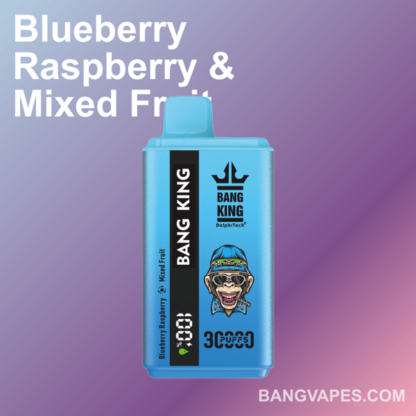 Fond bleu dégradé avec un appareil de vape jetable Bang King bleu avec une saveur étiquetée Blueberry Raspberry & Mixed Fruit, et la marque BangVapes.com en bas à droite.