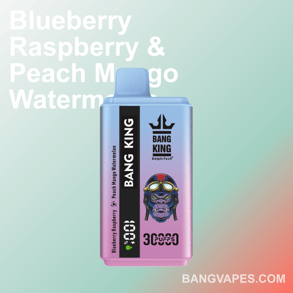 Image du produit d'un appareil de vapotage Bang King avec un mélange de saveurs fruitées, avec un design élégant en dégradé bleu et rose et une illustration de gorille portant des lunettes, avec un texte détaillant les saveurs et le site Web de la marque BangVapes.com.