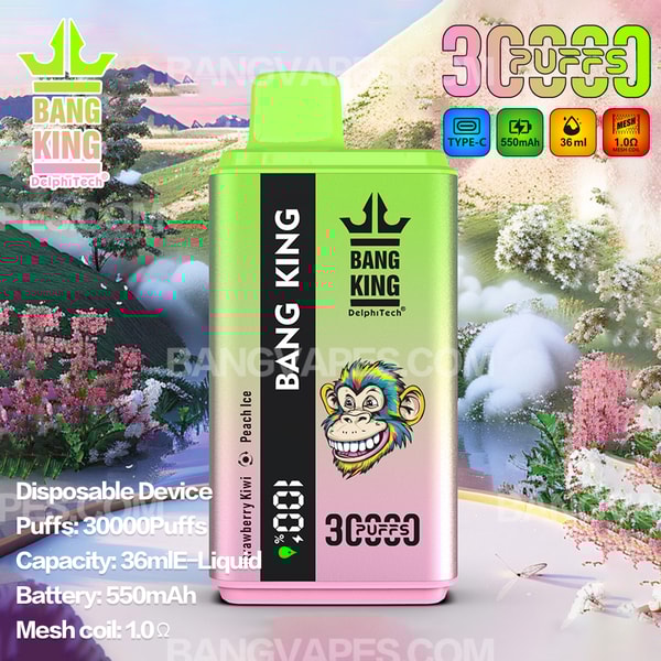 Image of a Bang King DelphiTech disposable vaping device with a colorful gradient body and a monkey illustration, placed against a vibrant natural background featuring floral and mountain scenery. The image highlights specifications such as 30,000 puffs, 36ml liquid capacity, 550mAh battery power, and a 1.0-ohm mesh coil.