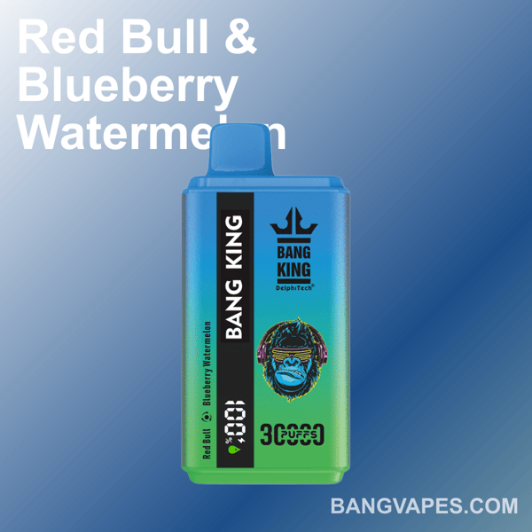 Un appareil de vape Bang King au design dégradé bleu et vert, avec les saveurs Red Bull et Blueberry Watermelon, avec une marque et un site Web sur un fond dégradé bleu.