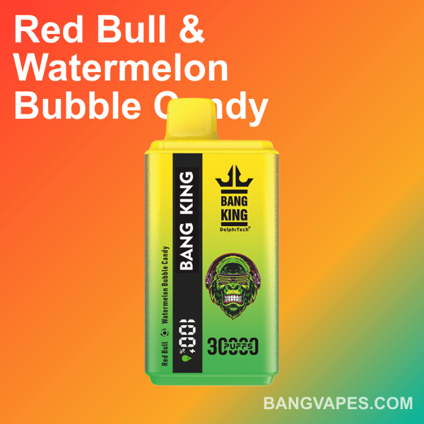 Un appareil de vape de marque Bang King en jaune et vert avec un logo de gorille sur fond dégradé orange, faisant la publicité des saveurs Red Bull et Watermelon Bubble Candy avec le site BangVapes.com.