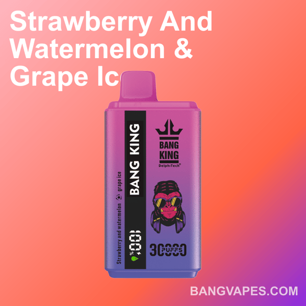 Un appareil de vape Bang King dans un design dégradé violet et rose, avec un logo et un texte pour les saveurs de fraise, de pastèque et de glace au raisin, avec un fond dégradé orange et rose audacieux.