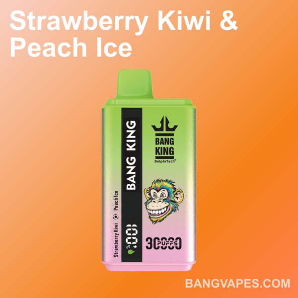 Un appareil de vapotage coloré étiqueté ' Bang King ' avec un graphisme de singe et des options de saveur ' Strawberry Kiwi & Peach Ice ', sur un fond dégradé orange.