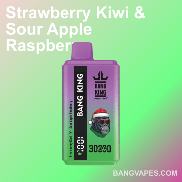 Un appareil de vape Bang King avec un corps dégradé violet et vert comportant une illustration imprimée du Père Noël, accompagnée d'un texte en gras indiquant ' Strawberry Kiwi & Sour Apple Raspberry ' sur un fond dégradé, et l'URL du site Web affichée ' bangvapes.com '.'