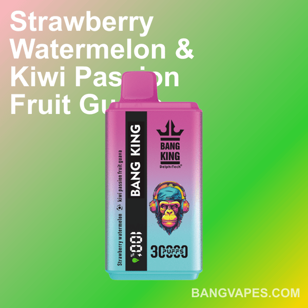 Image du produit d'une vape Bang King rose et bleue étiquetée avec la saveur ' Fraise, pastèque et kiwi, fruit de la passion, goyave ' sur un fond dégradé, ainsi que les détails de la marque et ' 3000 bouffées ' bien en évidence.