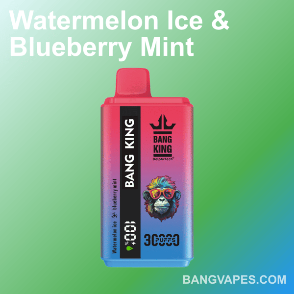 Un appareil de vapotage coloré étiqueté ' Bang King ' dans un design dégradé du rouge au bleu, présentant les saveurs Watermelon Ice et Blueberry Mint sur son emballage, placé sur un fond dégradé vert avec le site Web bangvapes.com affiché en bas.