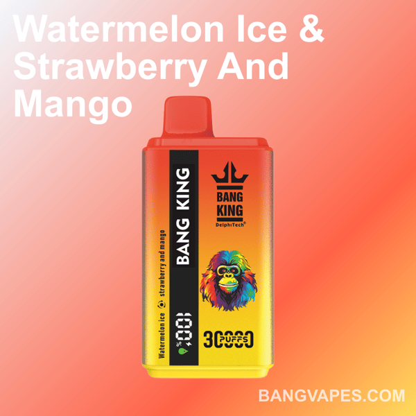 Emballage de la vape Bang King aux saveurs de glace à la pastèque et de fraise et de mangue, avec un fond orange dégradé et des images colorées d'une tête de gorille.