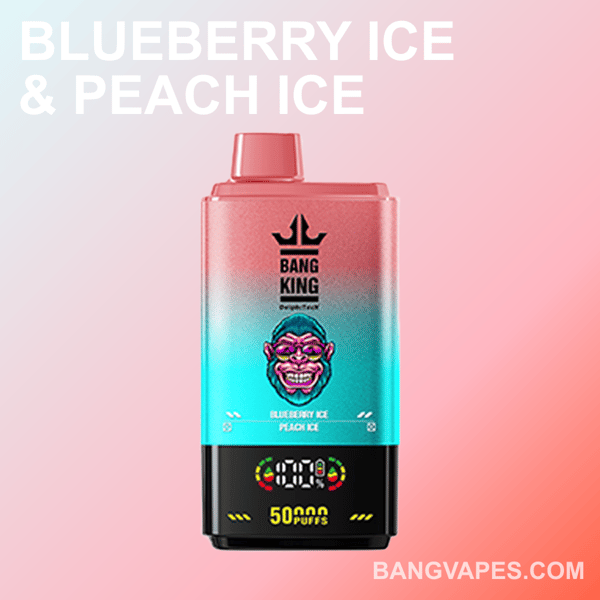 Un produit de vape coloré étiqueté ' Bang King ' offrant les saveurs Blueberry Ice et Peach Ice, avec un indicateur de capacité de 50 000 bouffées, présenté sur un fond dégradé avec un texte promotionnel.