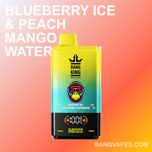 Appareil de vape coloré avec étiquette de marque ' Bang King ' et texte de saveur ' Blueberry Ice & Peach Mango Watermelon ', sur un fond dégradé.