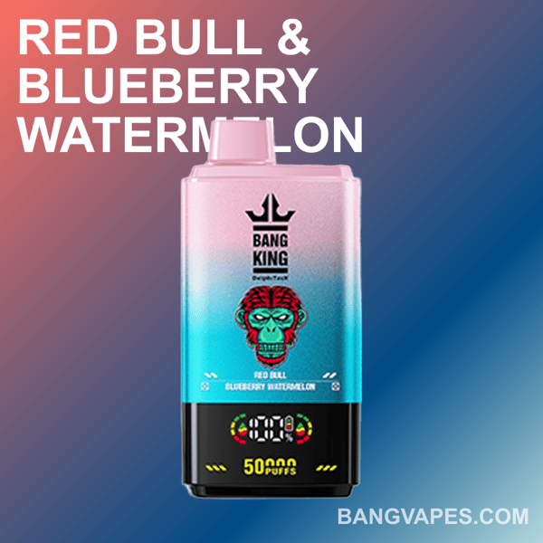 Une image promotionnelle présentant un appareil de vape Bang King à la saveur Red Bull & Blueberry Watermelon, avec un dégradé coloré et un design graphique, sur un fond dégradé.