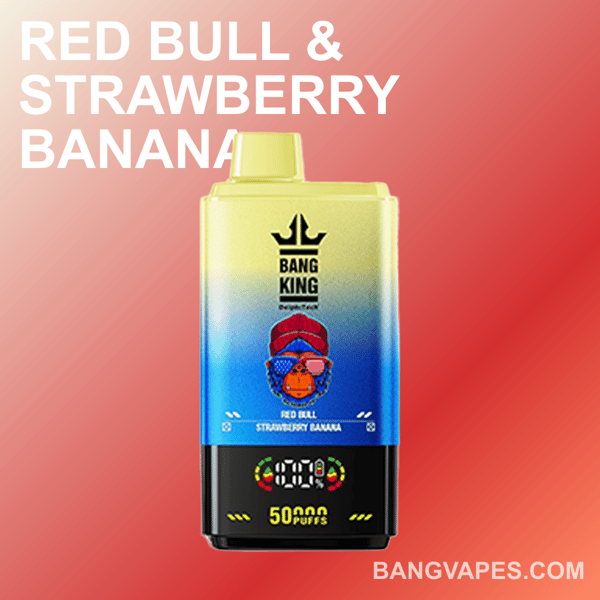 Un appareil de vape Bang King coloré affichant la saveur ' Red Bull & Strawberry Banana ', avec un fond dégradé présentant le site Web BangVapes.com.