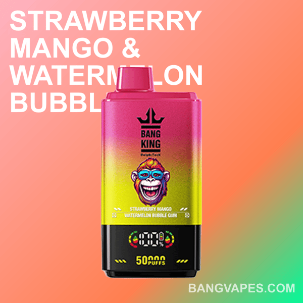 Un appareil de vapotage Bang King avec une saveur de bubble-gum fraise, mangue et pastèque, présenté sur un fond dégradé rose à vert.