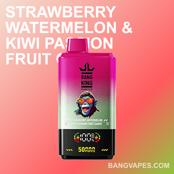 A colorful Bang King vape displaying a blend of strawberry watermelon and kiwi passion fruit flavors, featuring a gradient pink and green body, with a capacity of 50,000 puffs and vibrant branding.