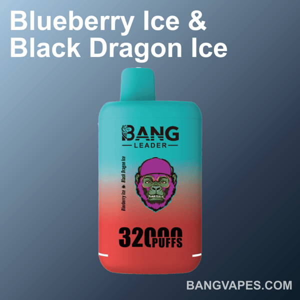 A vibrant vaping device by Bang Leader in a gradient turquoise-to-red color scheme labeled 'Blueberry Ice & Black Dragon Ice,' offering 32000 puffs, displayed against a blue background with 'BANGVAPES.COM' written at the bottom right.