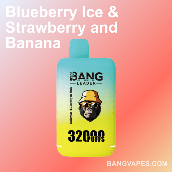 A promotional image of Bang Leader vape device featuring a gradient design, displaying the flavors Blueberry Ice, Strawberry and Banana, with the text '32,000 Puffs' highlighted.