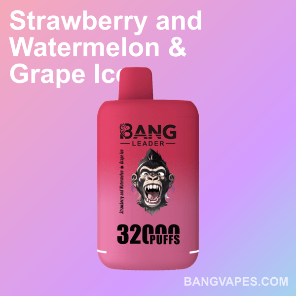 Une cigarette électronique rouge étiquetée ' Bang Leader ', annonçant ' 32 000 bouffées ' aux saveurs ' Fraise, pastèque et glace au raisin ', sur un fond dégradé rose et violet.