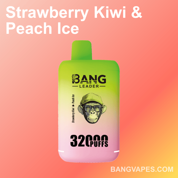 Image du produit d'un appareil de vapotage de marque " Bang Leader " dans un dégradé de couleur vert à rose, avec la saveur " Strawberry Kiwi & Peach Ice " et un texte en gras indiquant " 32 000 Puffs ", sur un fond rose dégradé avec le site Web BangVapes.com affiché dans le coin inférieur. Un élément flou est présent au centre de l’appareil.