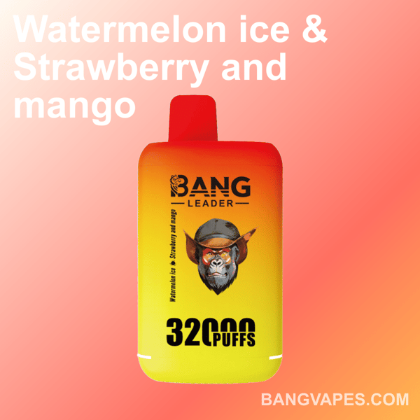 Image promotionnelle d'un appareil de vape Bang Leader avec la description de la saveur ' Pastèque glacée, fraise et mangue ', capacité de 32 000 bouffées, affichée sur un fond dégradé orange-rose.