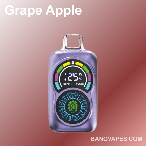 Un appareil de vape moderne doté d'un affichage numérique affichant les paramètres et les indicateurs, étiqueté ' Grape Apple ' avec un fond dégradé et le texte du site Web ' bangvapes.com '.