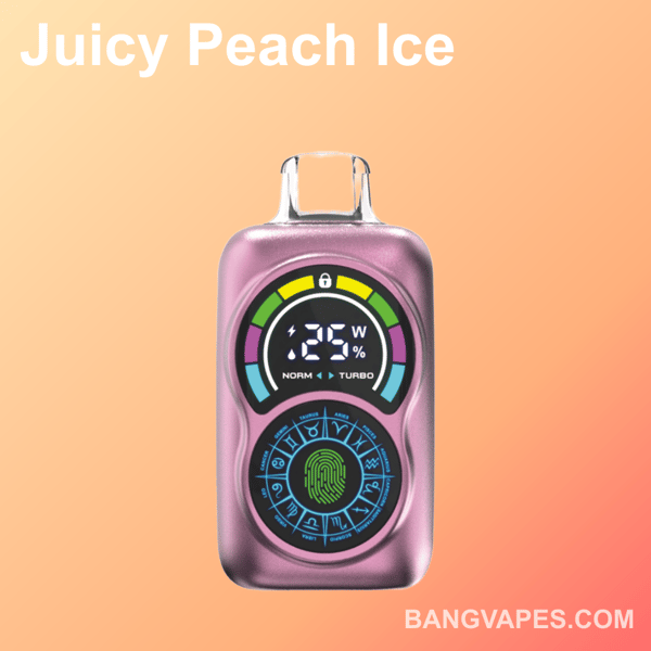 Un dispositivo de vapeo rosa que muestra 25 W en su pantalla circular con símbolos astrológicos debajo, sobre un fondo degradado de melocotón con el texto 'Juicy Peach Ice' y el sitio web 'BANGVAPES.COM'.