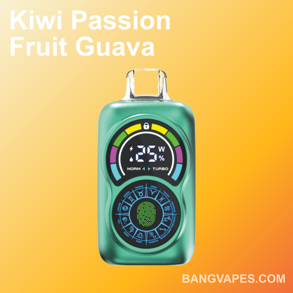 Un dispositivo de vapeo electrónico verde que presenta una pantalla digital que muestra '25W' con elementos decorativos y marca, sobre un fondo amarillo degradado con el texto 'Kiwi Passion Fruit Guava' y 'BANGVAPES.COM'.'