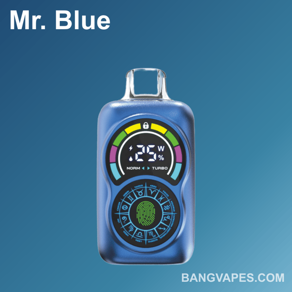 Un appareil de vapotage électronique bleu étiqueté ' Mr. Bleu' avec un affichage numérique affichant des indicateurs de puissance et de pourcentage, avec des graphiques environnants colorés et des signes du zodiaque à la base, affichés sur un fond dégradé bleu avec le texte 'BANGVAPES.COM' dans le coin inférieur.