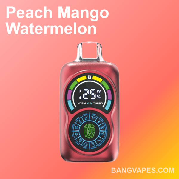 Dispositivo de vapeo electrónico rojo que muestra una lectura de potencia de 25 W con símbolos coloridos, colocado sobre un fondo degradado de color melocotón con el texto 'Peach Mango Watermelon' y 'BangVapes.com'.