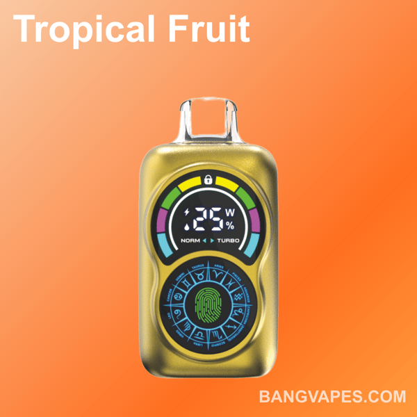 Un appareil à vape doré moderne avec un affichage numérique affichant 25 W et des symboles décoratifs du zodiaque, sur fond orange avec le texte ' Tropical Fruit ' au-dessus.