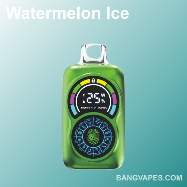Dispositivo de vapeo verde que muestra controles digitales con la etiqueta '25W Norm Turbo', con el nombre del producto 'Watermelon Ice' sobre un fondo verde azulado y 'BANGVAPES.COM' en la parte inferior.