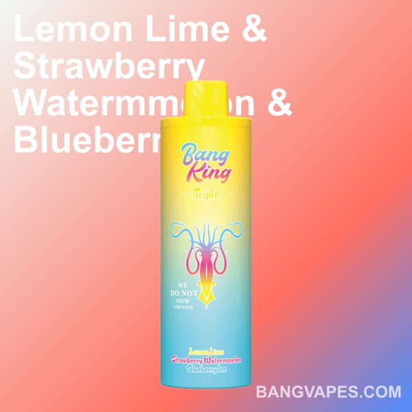 Brightly colored vape product labeled 'Bang King Triple' with flavors including Lemon Lime, Strawberry Watermelon, and Blueberry Ice, set against a gradient background.