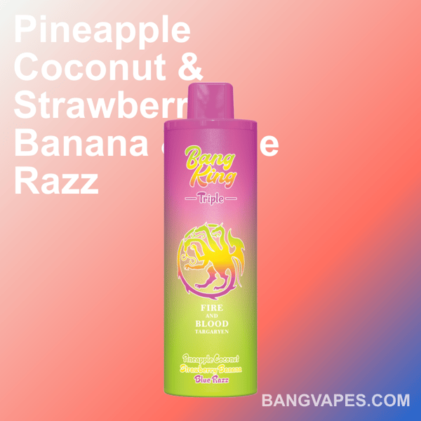 Un appareil de vapotage aux couleurs vives avec la marque ' Bang King Triple ' et un texte répertoriant des saveurs telles que l'ananas, la noix de coco, la fraise, la banane et le blue razz, sur un fond dégradé chaud, avec ' BANGVAPES.COM ' affiché en bas.