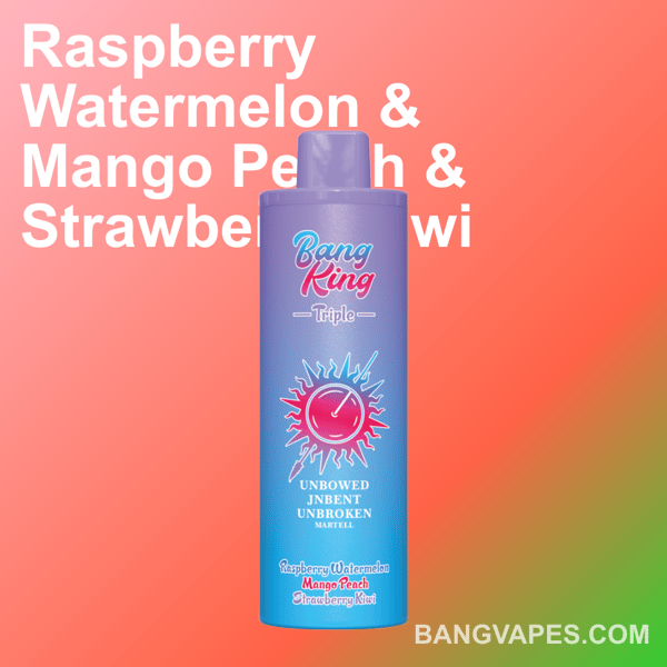 Promotional image of Bang King Triple vape featuring a gradient background and the flavors Raspberry Watermelon, Mango Peach, and Strawberry Kiwi.