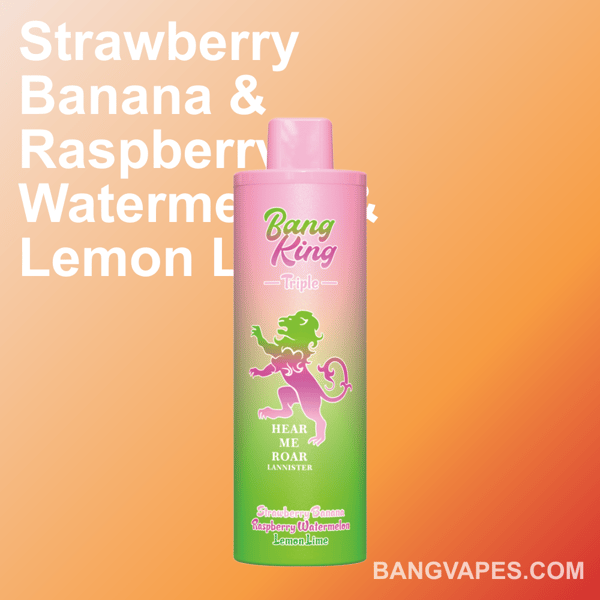 Promotional image of Bang King Triple vape in a pink and green gradient with flavors Strawberry Banana, Raspberry Watermelon, and Lemon Lime listed, set against a soft orange background.