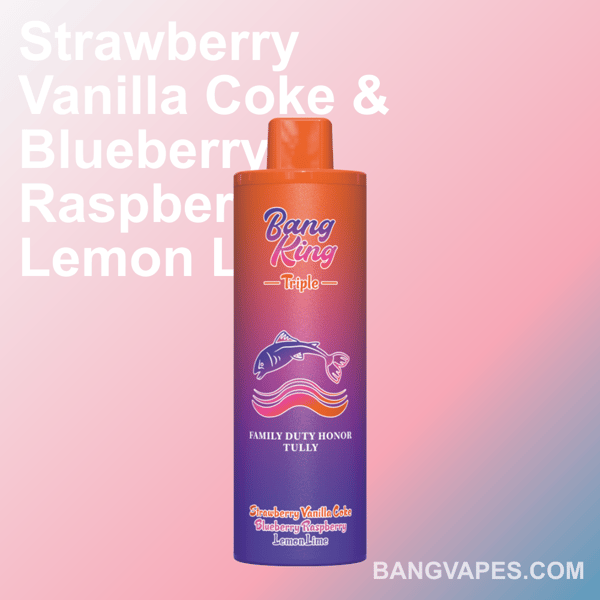 A Bang King vape device with a gradient purple and orange design, featuring flavors Strawberry Vanilla Coke, Blueberry Raspberry, and Lemon Lime, displayed on a pink gradient background.