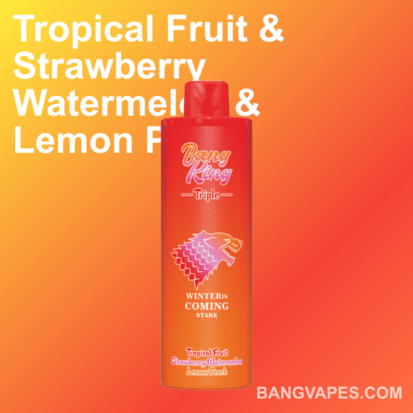 Promotional image of a Bang King disposable vape in red, captioned with flavors like Tropical Fruit, Strawberry Watermelon, and Lemon Peach, displayed against a gradient orange background.