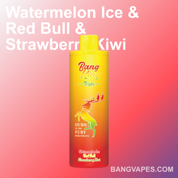 Promotional image of a Bang King vape product featuring a gradient red and yellow background, emphasizing a watermelon ice, Red Bull, and strawberry kiwi flavor theme.