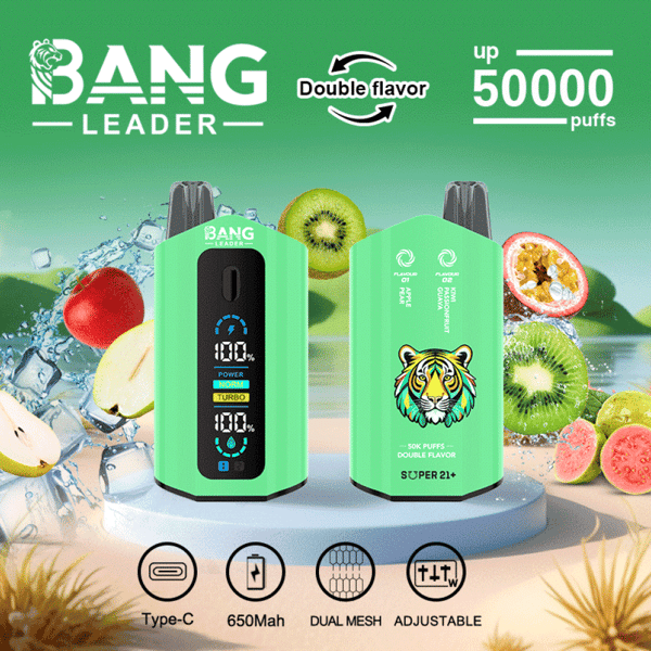 Advertisement for Bang Leader vape featuring a green device with dual-side flavor options, digital display, and 50,000 puff capacity, shown alongside fruits like kiwi, strawberry, and guava, highlighting features like Type-C charging, 650mAh battery, dual mesh coils, and adjustable power.
