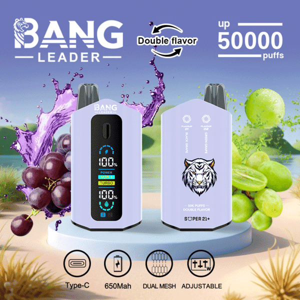 Promotional image of the Bang Leader vape device featuring dual-flavor capability, up to 50,000 puffs, and a 650mAh battery with a Type-C charger. The device is rendered with a display screen and set against a backdrop of purple and green grapes.