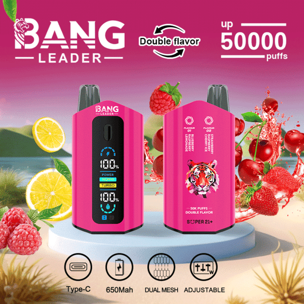 A promotional image showcasing two pink Bang Leader vaping devices, featuring dual flavors with adjustable functions, a 650mAh battery, and a capacity of up to 50,000 puffs displayed alongside fruits like strawberries and raspberries.