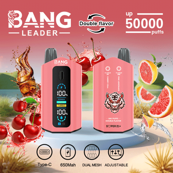 Promotional image for Bang Leader vapes featuring two devices showcasing a digital screen, pink design with tiger logo, 650mAh battery specification, and various flavor options including cherry cola and pink lemonade.