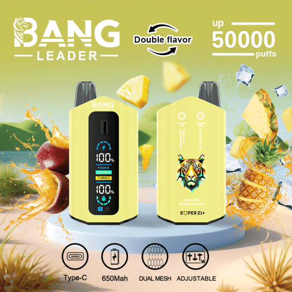 Promotional image for Bang Leader vape with a yellow design, showcasing dual flavor capability, 50,000 puffs capacity, and features including a Type-C charger, 650mAh battery, dual mesh coils, and adjustable settings, with fruit imagery in the background highlighting pineapple and mango flavors.